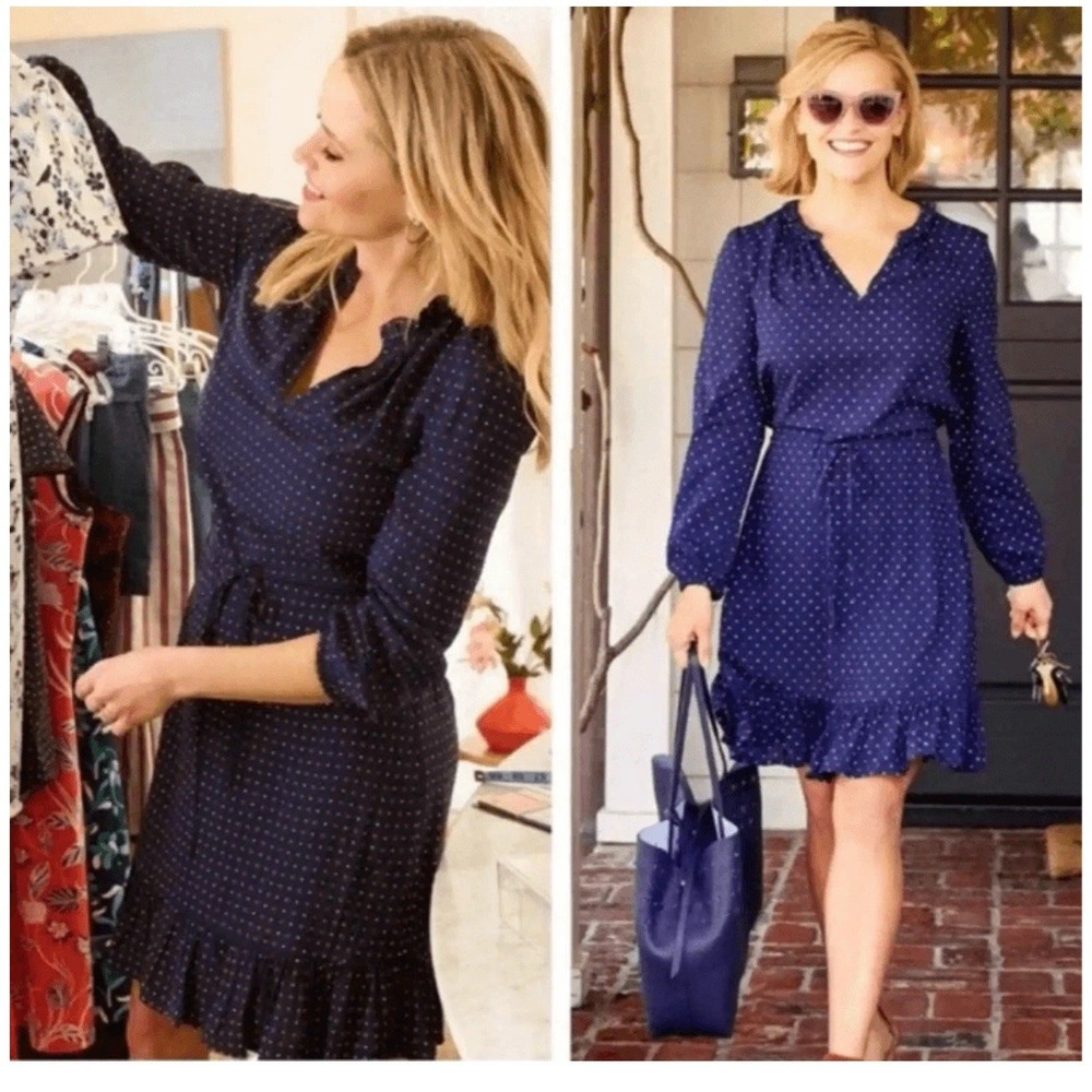 Draper James Dress Women's XL Navy Red Floral Polka Dot Ruffle Hem Tie Waist